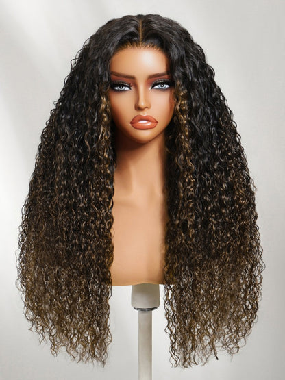 7x5 Pre Cut Ombre Chestnut Brown Water Wave & Curly Mixed Lace Wig With Invisi Drawstring