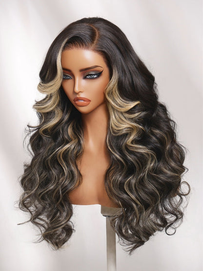 7x5 Pre Cut Blonde Balayage Highlight Body Wave Lace Wig With Soft Face-Framing Layers