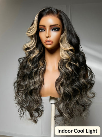 7x5 Pre Cut Blonde Balayage Highlight Body Wave Lace Wig With Soft Face-Framing Layers