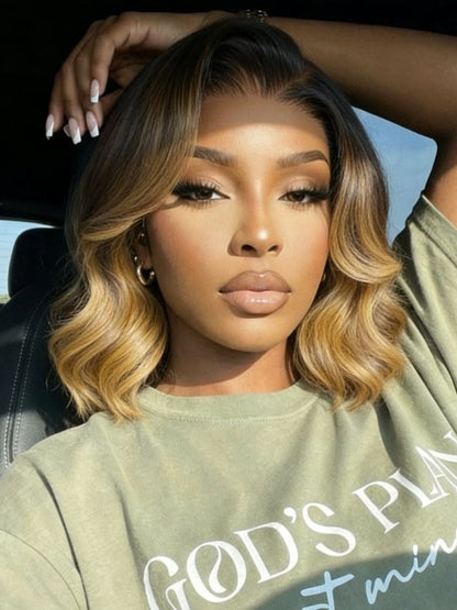13x4 Pre Everything Brown Highlights with Dark Root Body Wave Lace Frontal Wig With Layers Shoulder Flip-Out Curls