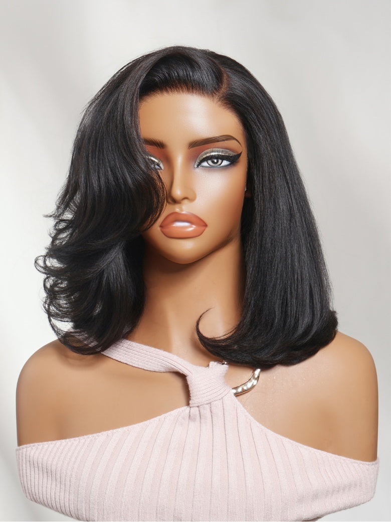 7x5 Pre Cut Sleek Straight Shoulder-Length Bob Lace Wig With Face-framing Soft Curled Ends Layers