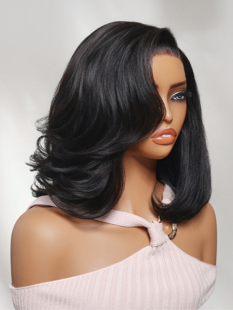 7x5 Pre Cut Sleek Straight Shoulder-Length Bob Lace Wig With Face-framing Soft Curled Ends Layers