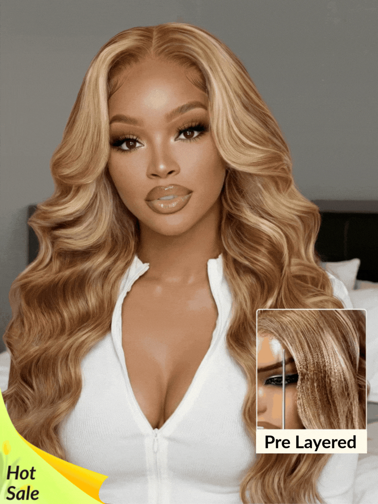 7x5 Pre-Cut Body Wave Bye Bye Knots Honey Blonde Glueless Highlights Lace Human Hair Wig