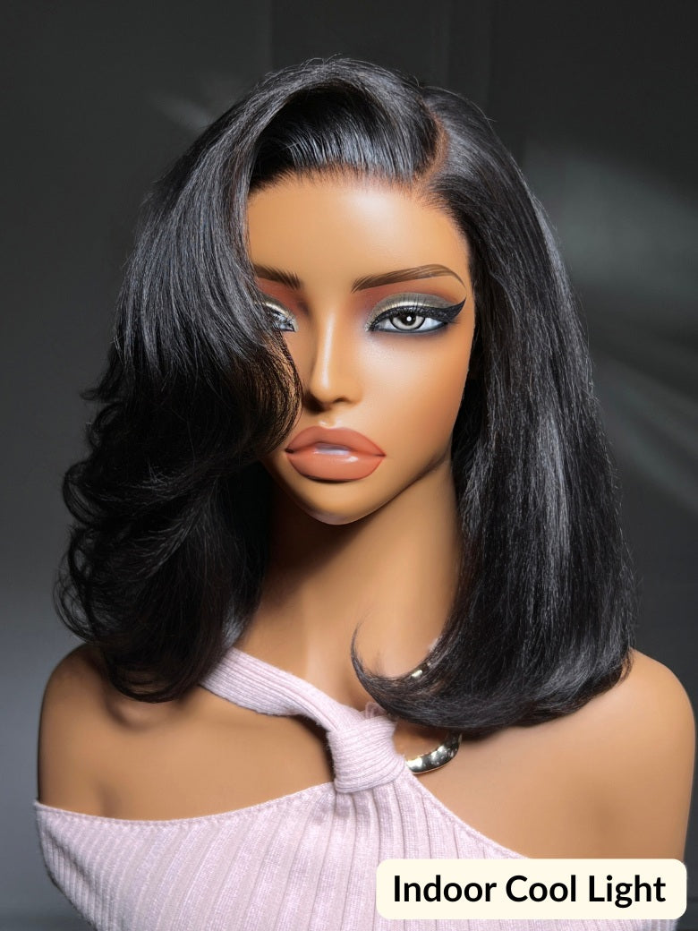 7x5 Pre Cut Sleek Straight Shoulder-Length Bob Lace Wig With Face-framing Soft Curled Ends Layers