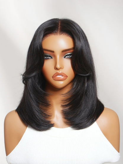 7x5 Pre Cut Blowout Bob Shoulder Length Straight Lace Wig With Face-framing feathered layers