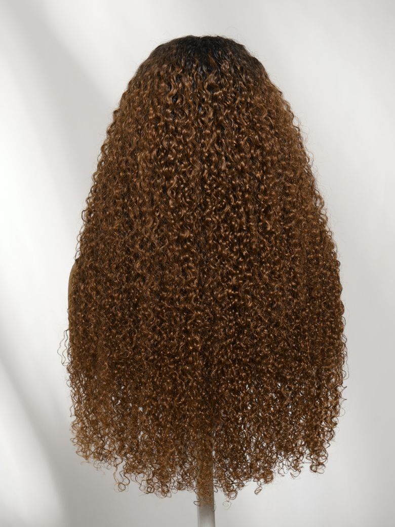 7x5 Pre Cut Sun-Kissed Curly Wave Warm Caramel Brown With Dark Roots Lace Wig With Invisi Drawstring