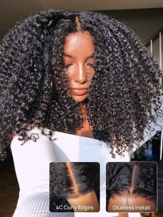 7x5 Pre Cut 200% 4C Kinky Edge Baby Hair Curly Pre-Cut Lace Human Hair Wigs Bleached Knots With Invisi Drawstring