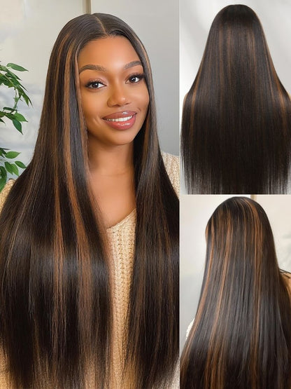 7x5 Pre Cut Golden Brown Highlights Yaki Straight Lace Closure Wig With Invisi Drawstring