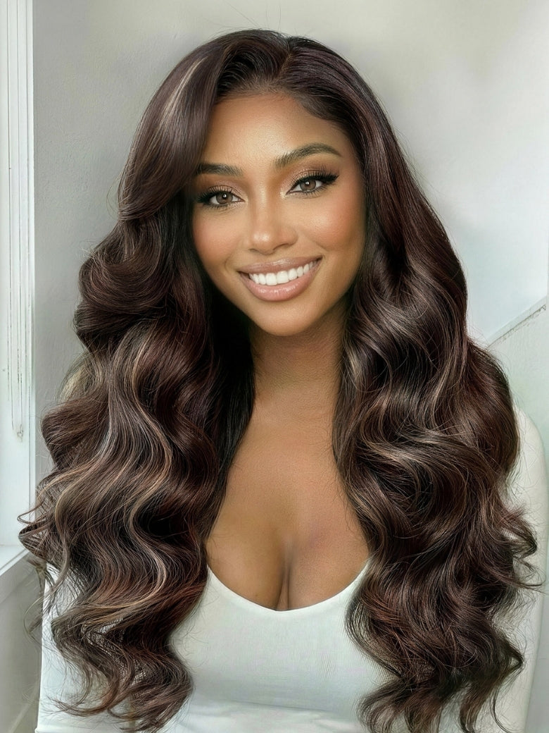 7x5 Pre Cut Dark Brown Chocolate Highlights Lace Part Wig With Side Part Soft Glam Waves