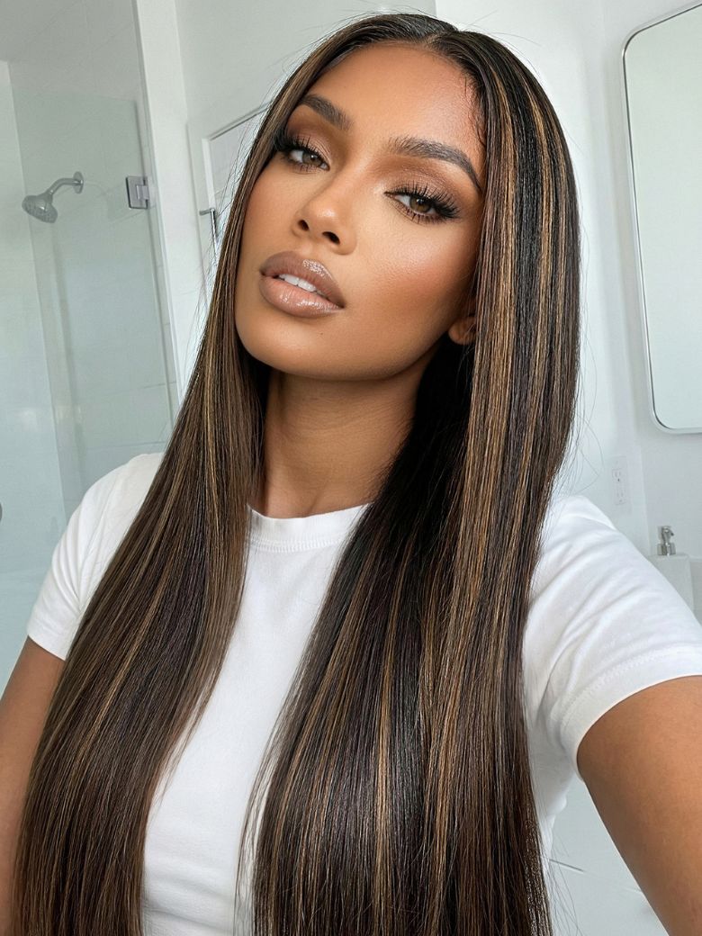 7x5 Pre Cut Golden Brown Highlights Yaki Straight Lace Closure Wig With Invisi Drawstring