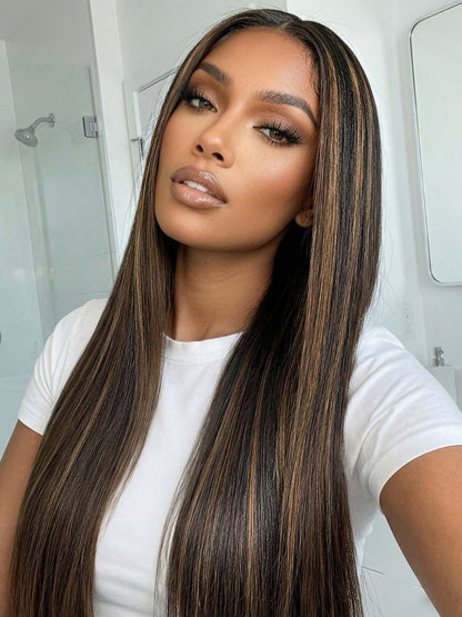 7x5 Pre Cut Golden Brown Highlights Yaki Straight Lace Closure Wig With Invisi Drawstring