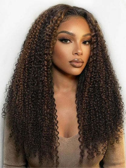 7x5 Pre Cut Golden Brown Highlights Kinky Curly Lace Closure Wig With Invisi Drawstring