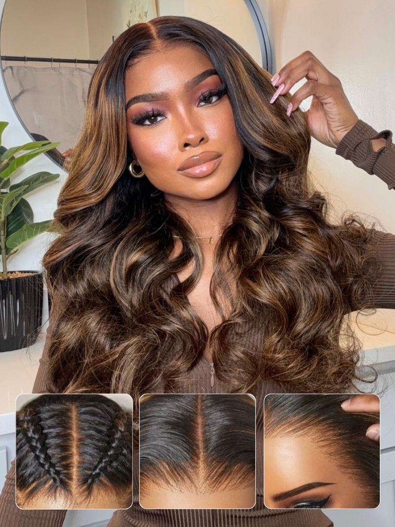 7x5 Pre Cut Balayage Highlight Body Wave Lace Wigs With Invisi Drawstring