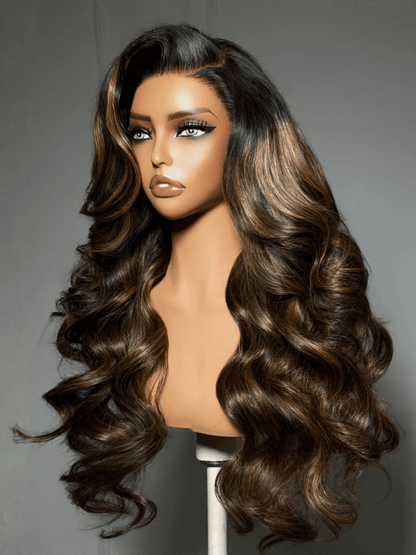 7x5 Pre Cut Balayage Highlight Body Wave Lace Wigs With Invisi Drawstring