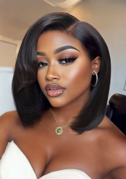 7x5 Pre Cut Rachel-Inspired Blunt Layered Shoulder-Length Silky Straight Bob Lace Wig With Side Part Bangs Flash Sale